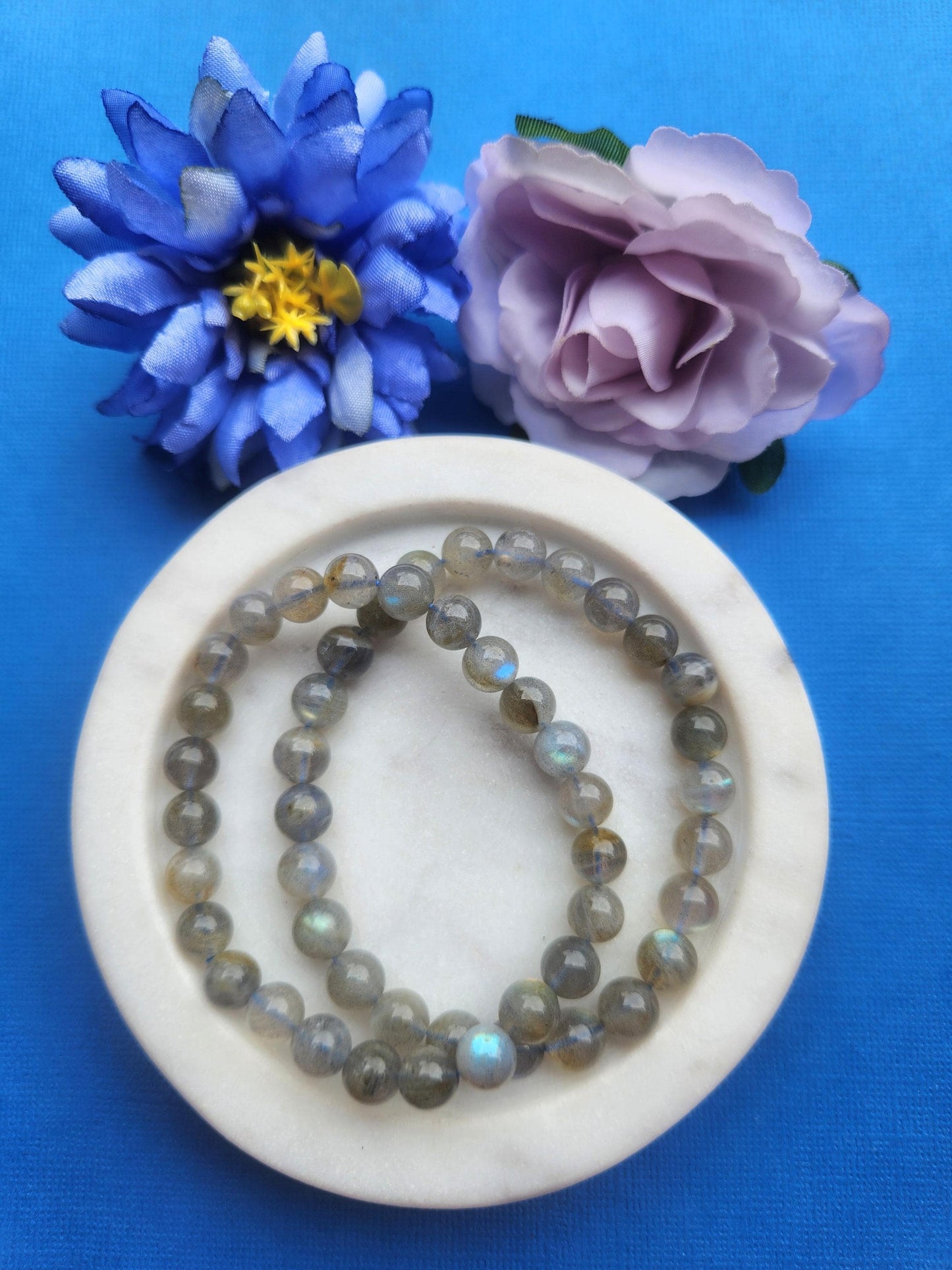 Two labradorite 8mm beaded bracelets displayed in a white dish on a blue background with soft flower props featuring polished crystal beads for protection intuition energy healing bracelet and gift
