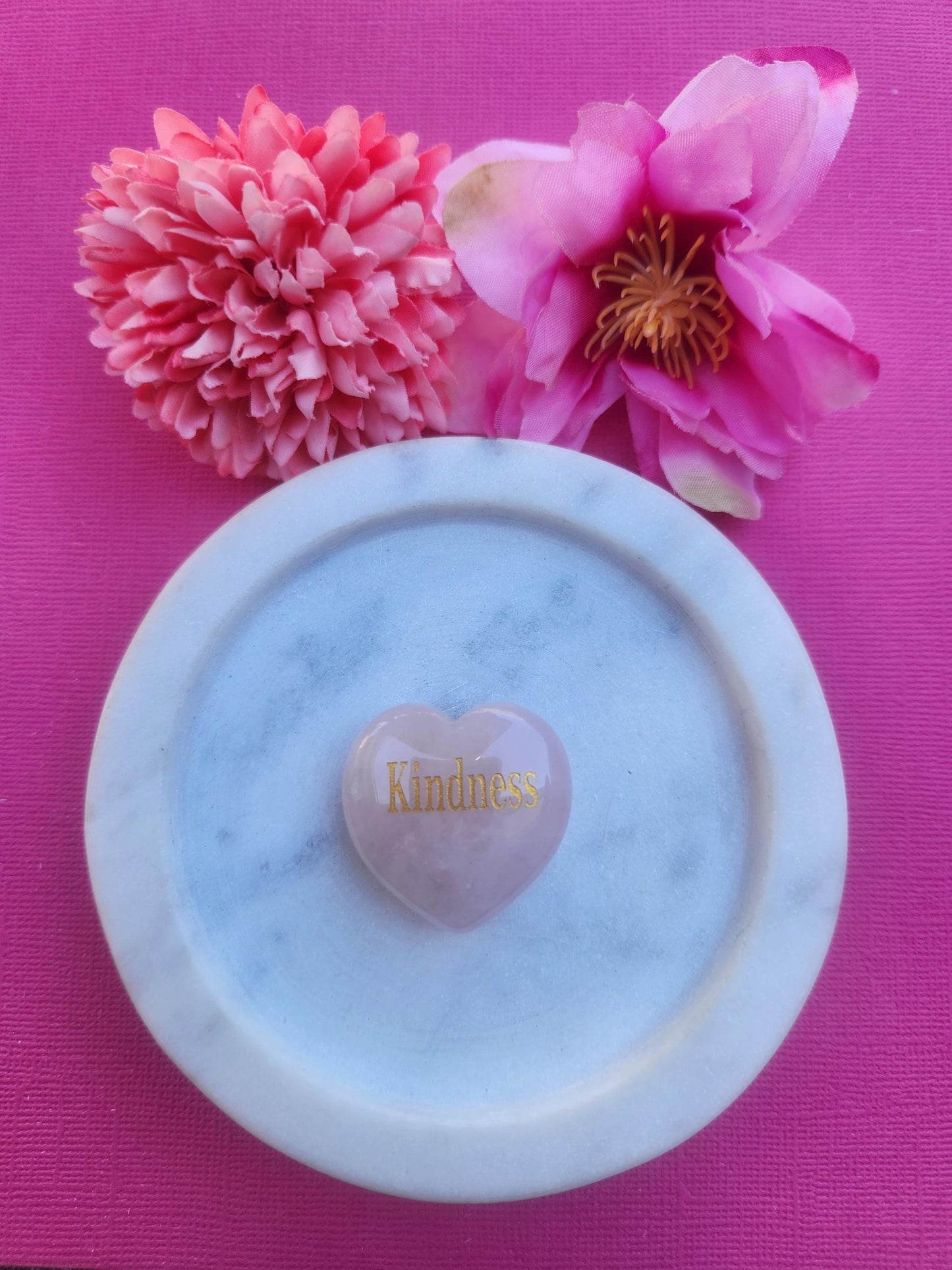 Rose Quartz affirmation crystal heart engraved with Kindness word, polished pink Rose Quartz gemstone heart symbolising compassion empathy and emotional healing, natural Rose Quartz crystal for heart chakra balance meditation mindfulness and positive affirmations, engraved crystal pocket heart for self care rituals calming energy and thoughtful spiritual gift for crystal lovers Australia shop.