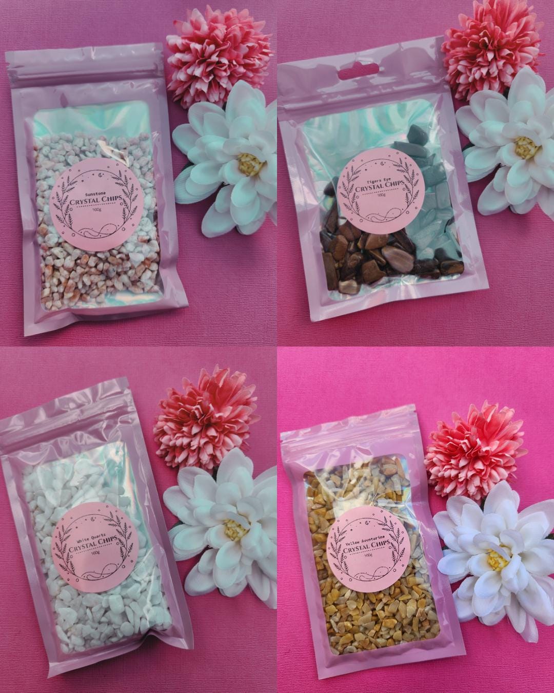 Collage photo of 100g crystal chip bags including Sunstone, Tiger’s Eye, White Quartz and Yellow Aventurine, natural gemstone chips for jewellery making and creative crafts, raw crystal chips for manifestation prosperity and confidence, crystal chips for resin art spell jars and gifting, mixed gemstone chip bags flat lay close up