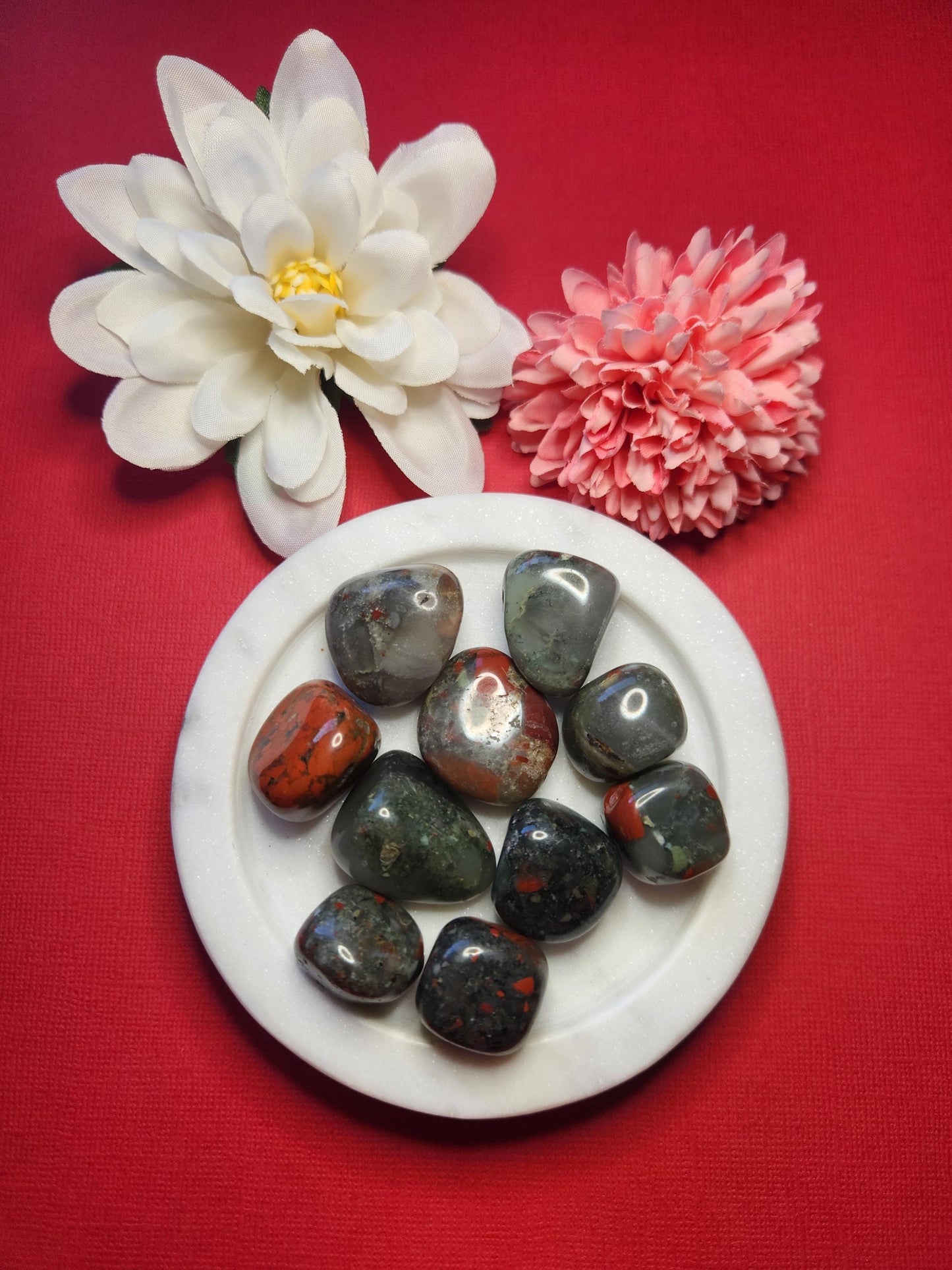 African Bloodstone tumble displayed on a dark red background, highlighting its deep green base with natural red flecks. This polished gemstone is known for its grounding, protection, and courage-enhancing properties. Ideal for energy healing, chakra balancing, and spiritual work. The rich red backdrop emphasizes the stone’s earthy tones and bold energy, making it perfect for crystal collectors and holistic wellness practices.