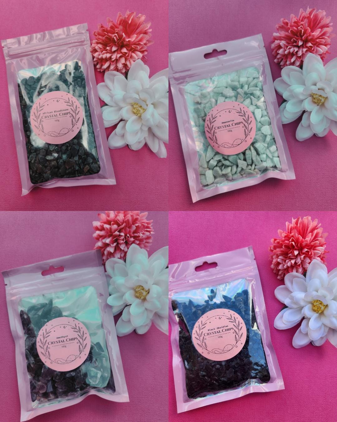 Collage image of 100g crystal chip bags featuring African Bloodstone, Amazonite, Amethyst and Black Obsidian, natural gemstone chips for jewellery making and crafts, raw crystal chips for resin art, spell jars and crystal grids, healing crystals for grounding protection calm and balance, mixed gemstone chip bags photographed together