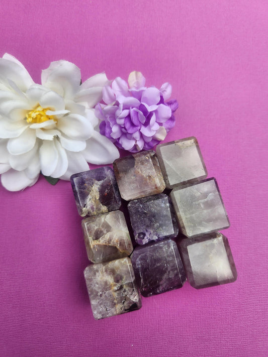 Amethyst crystal cube polished purple healing stone with natural lavender and deep violet tones, cube shaped gemstone for spiritual protection, intuition and calming energy, amethyst cube for meditation, chakra healing and crystal grids, polished crystal decor piece for collectors