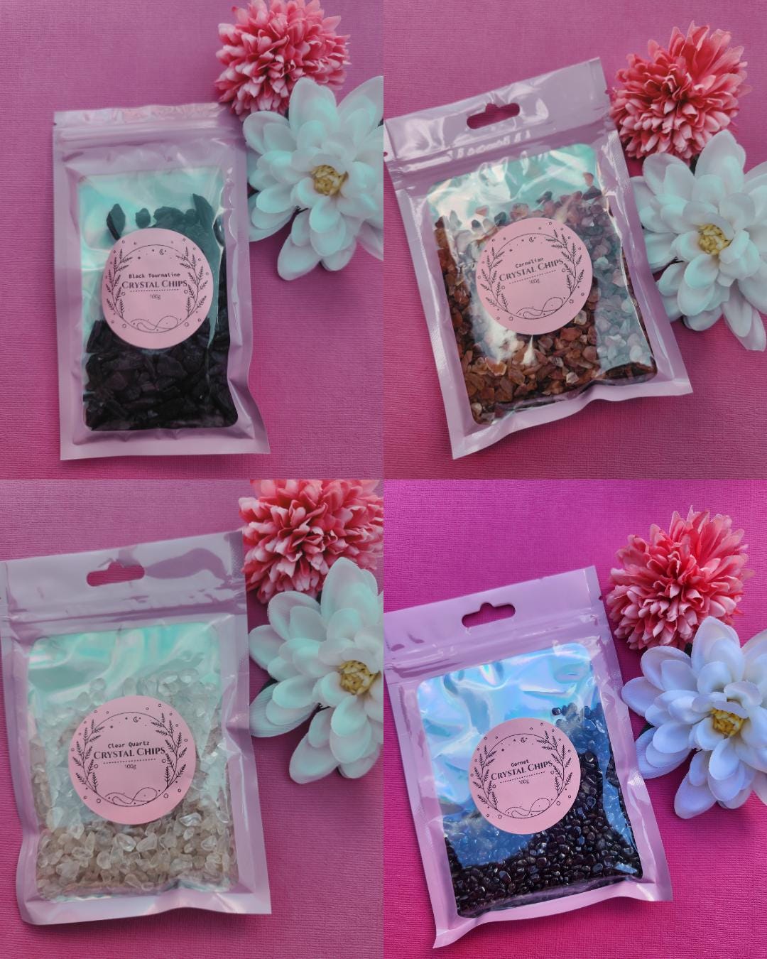 Collage photo of 100g crystal chip bags including Black Tourmaline, Carnelian, Clear Quartz and Garnet, natural gemstone chips for crafting and jewellery making, crystal chips for protection energy and manifestation, raw gemstone chips for spell jars resin art and altar decor, mixed crystal chip bags flat lay close up