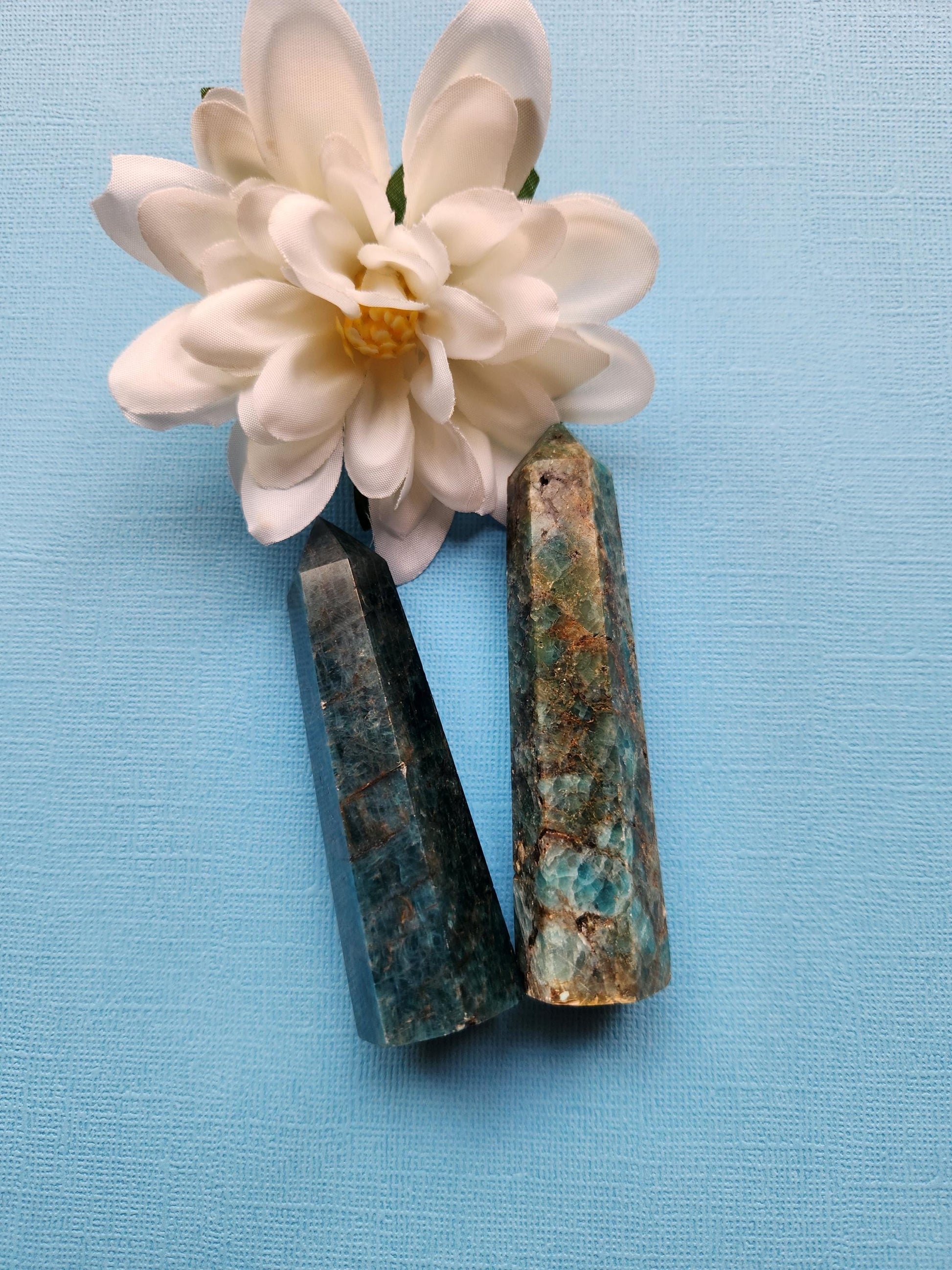 Two Blue Apatite crystal towers displayed side by side on a blue background. These natural crystal points feature vibrant blue hues with translucent clarity and natural striations. Ideal for creativity boosting, manifestation, and Throat Chakra healing. Perfect for meditation, energy amplification, and crystal collections. The blue backdrop highlights the stones' polished facets and unique formations.