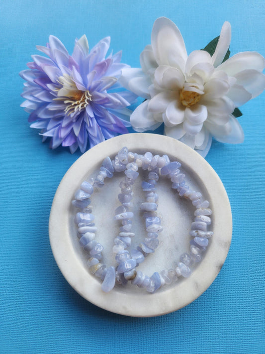 Blue lace agate chip bracelets featuring natural blue lace agate crystal chips on elastic, healing gemstone jewelry known for calm communication stress relief and throat chakra energy, soothing metaphysical crystal bracelets perfect for daily wear meditation gifting and crystal lovers collections