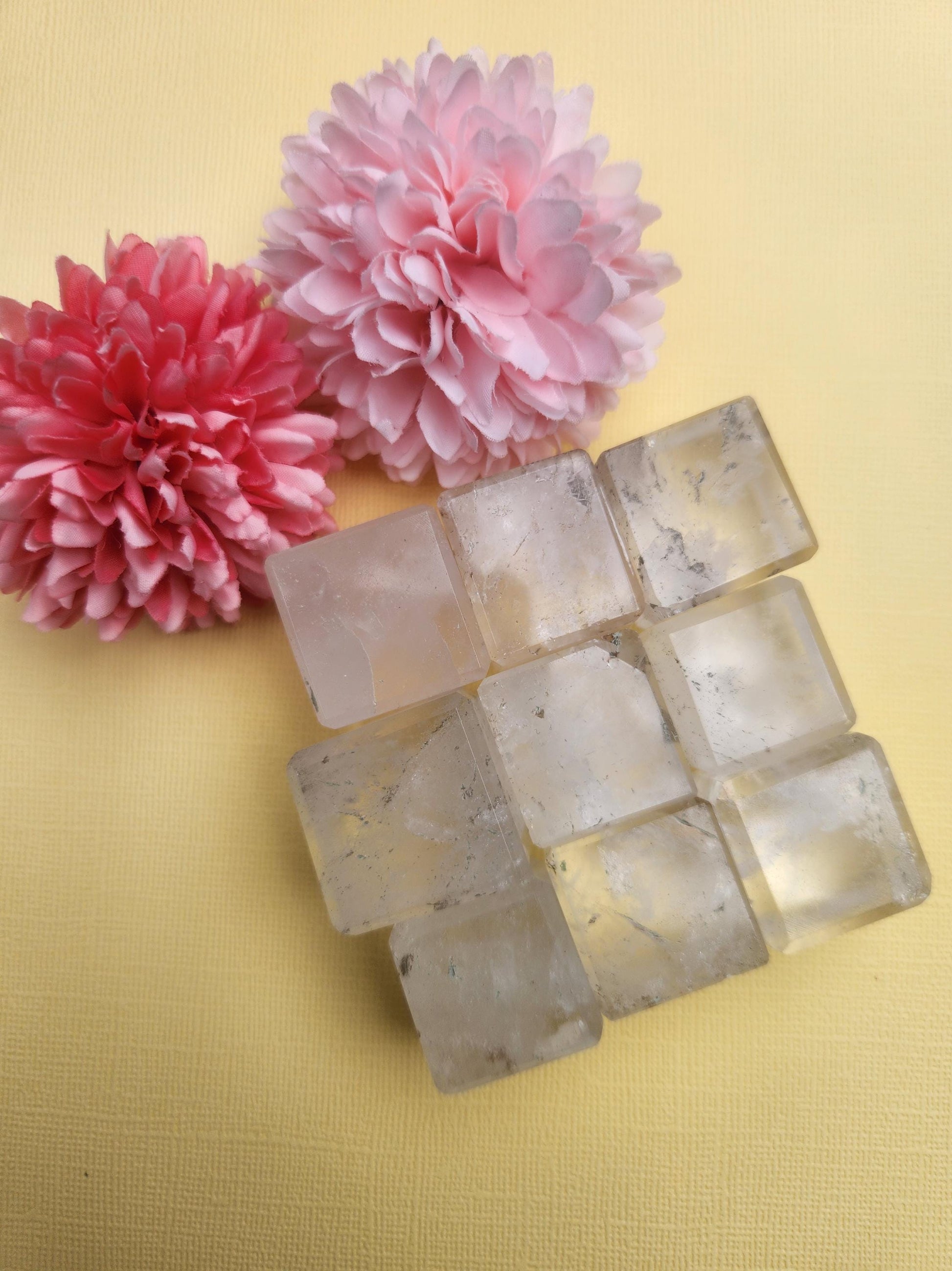 Polished Clear Quartz Cube crystal featuring natural transparent quartz with a smooth geometric cube shape. Clear Quartz is known as the master healer and is associated with clarity, focus, energy amplification, manifestation, meditation, crystal grids, and spiritual practices. Beautiful polished crystal cube for home decor, desk display, chakra work, crystal collections, mindfulness, energy cleansing, and thoughtful crystal gifts. Natural Clear Quartz gemstone.