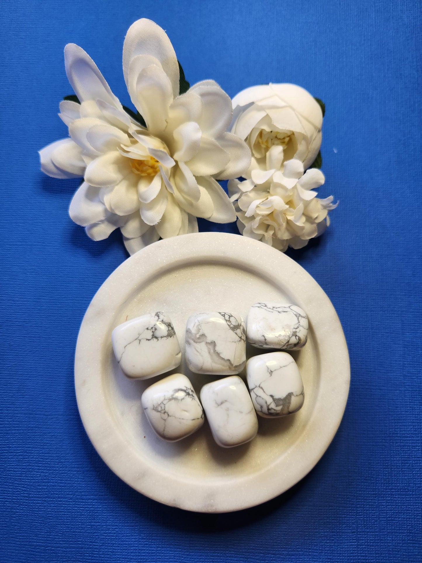 Polished Howlite tumbled stones displayed on a blue background. These natural white and grey-veined crystals are known for calming energy, stress relief, and promoting restful sleep. Ideal for meditation, anxiety support, emotional healing, and spiritual wellness practices. Howlite is a popular choice for chakra balancing, especially the crown chakra. Perfect for energy work, crystal grids, and thoughtful healing gifts.