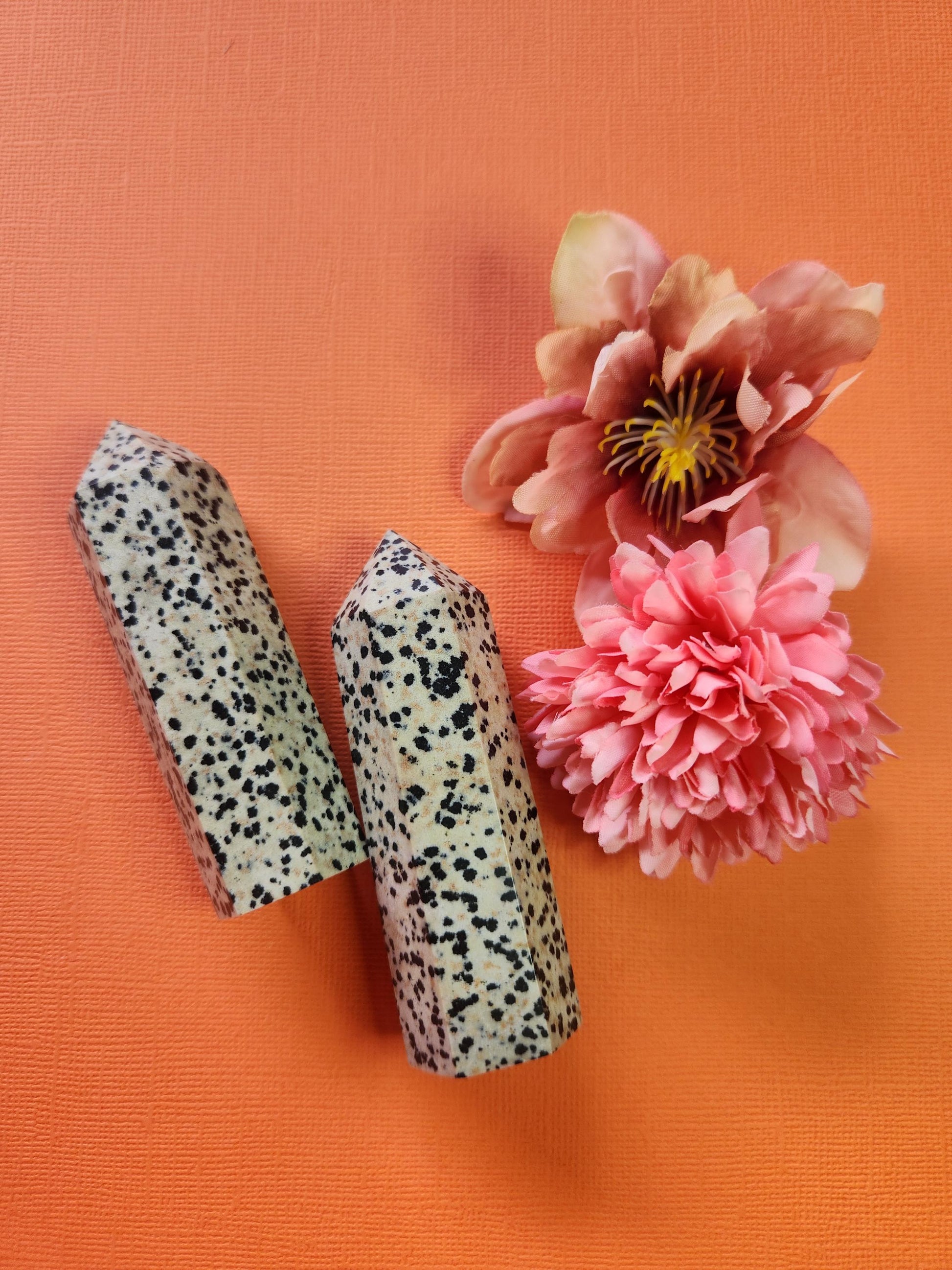 Two polished Dalmatian Jasper crystal towers displayed on an orange background with two flower props, natural spotted jasper points for grounding, protection, courage, meditation, chakra balancing, manifestation, spiritual crystal collections, metaphysical décor, home altar displays, and high-vibration crystal healing practices