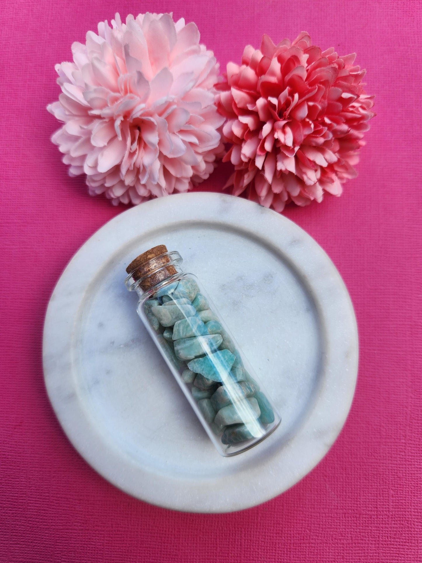 Amazonite crystal chip wish bottle filled with natural blue green amazonite gemstone chips, mini glass bottle crystal decor for manifestation calm and communication, heart and throat chakra crystal chips, amazonite wish bottle for gifting altar decor and spiritual use