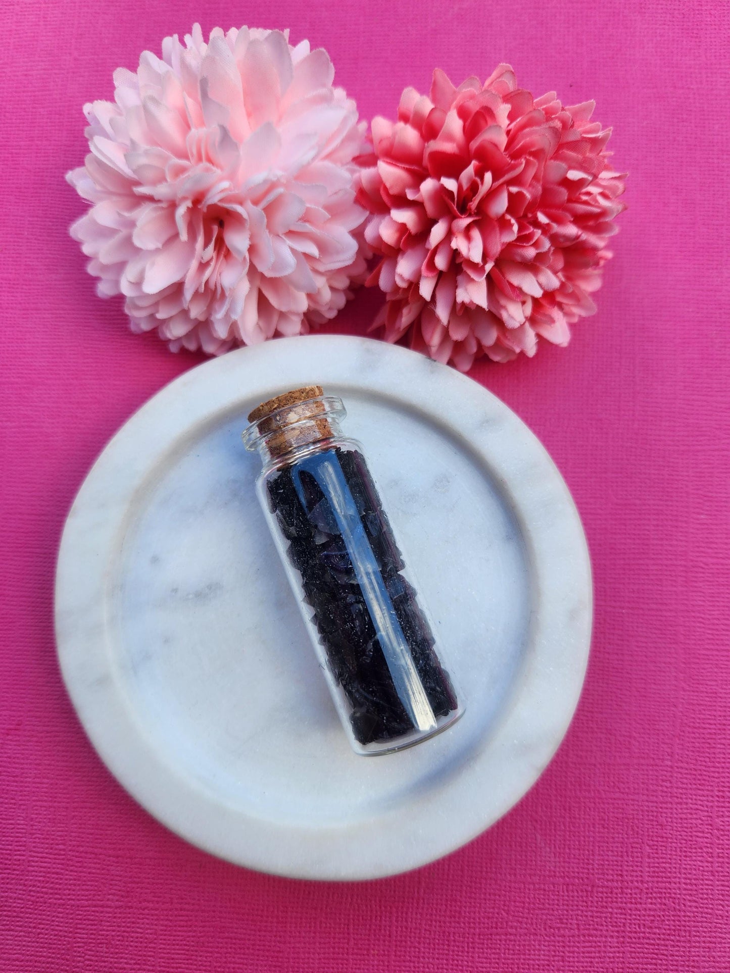 Black Obsidian crystal chip wish bottle filled with natural black obsidian gemstone chips, mini glass bottle crystal for protection and grounding, root chakra healing crystals, obsidian wish bottle for spiritual decor manifestation and energy shielding