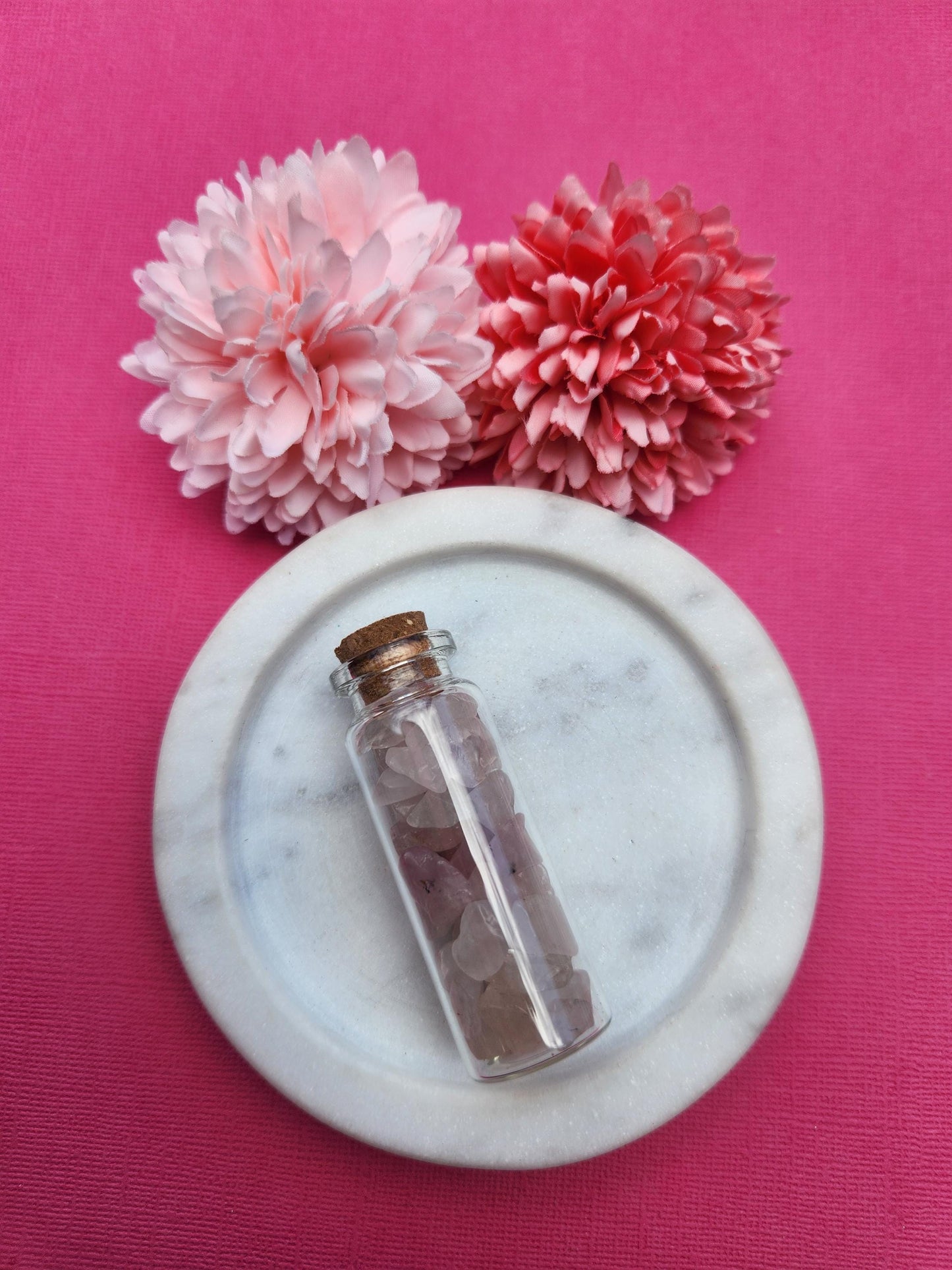 Rose Quartz crystal chip wish bottle filled with soft pink rose quartz gemstone chips, mini glass bottle crystal for love self care and emotional healing, heart chakra crystals, rose quartz wish bottle for gifting manifestation and decor