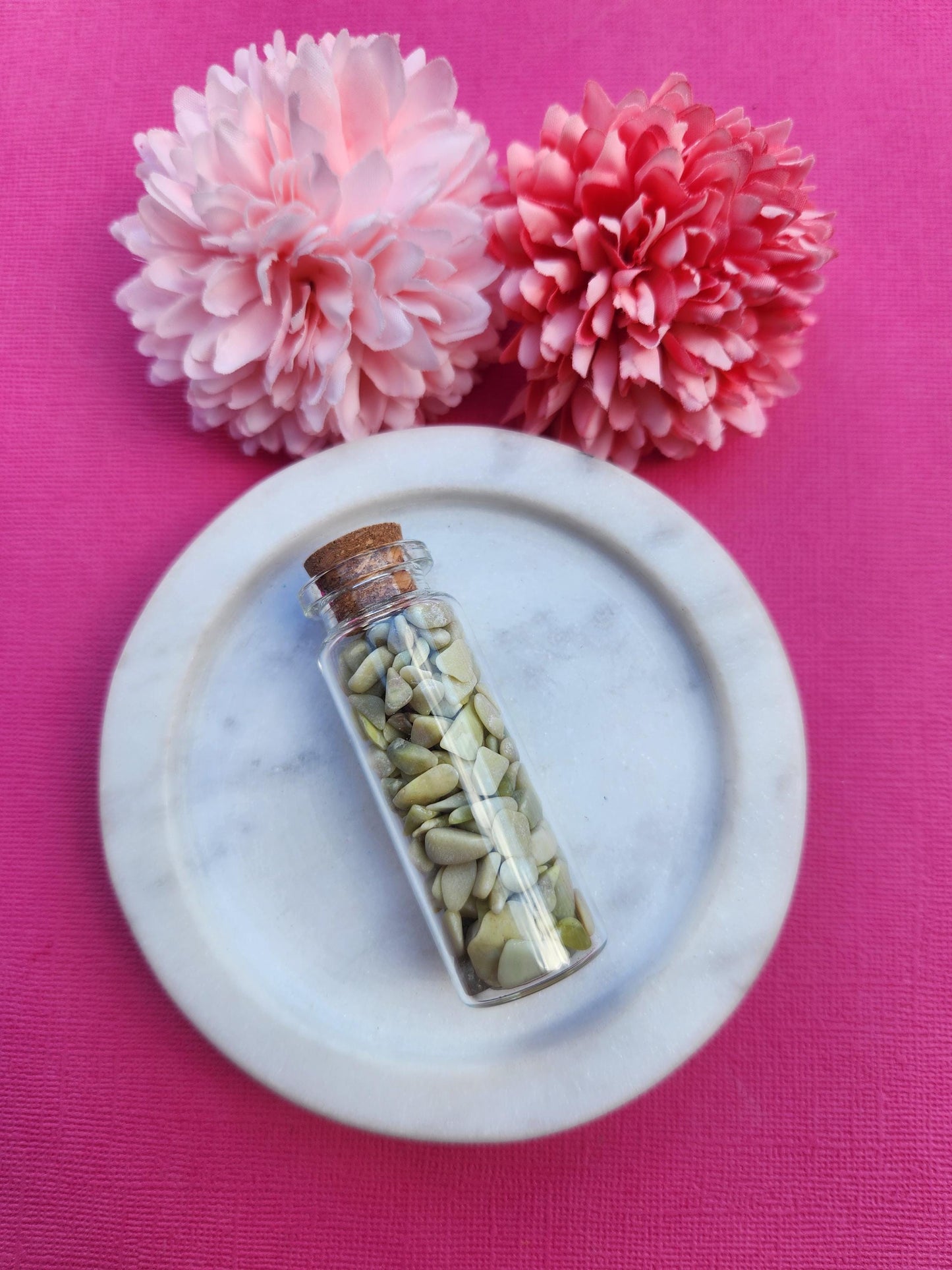 Serpentine crystal chip wish bottle filled with natural green serpentine gemstone chips, mini glass bottle crystal for grounding emotional release and protection, healing crystal chips, serpentine wish bottle for manifestation and spiritual decor