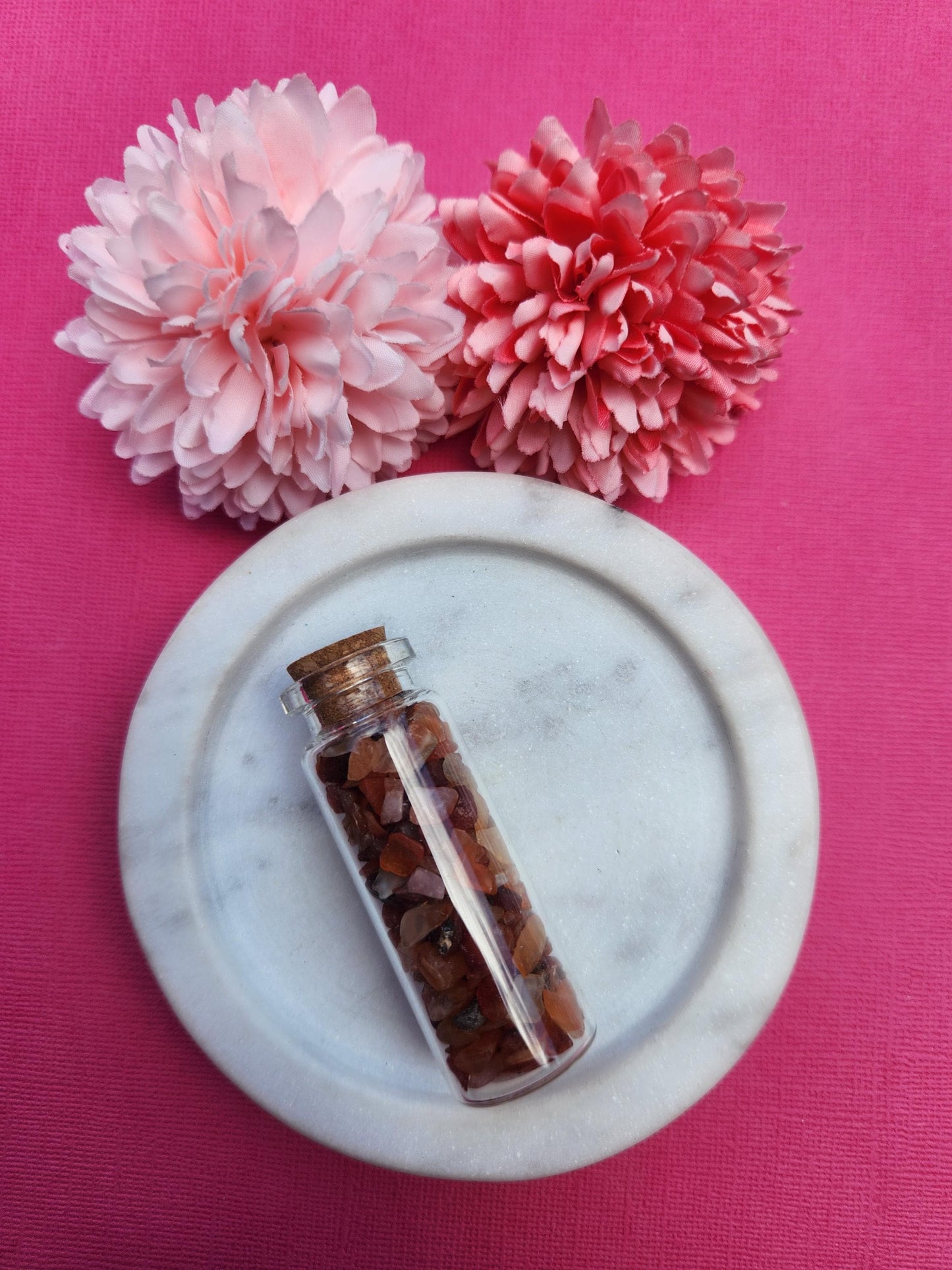 Carnelian crystal chip wish bottle filled with vibrant orange carnelian gemstone chips, mini glass bottle crystal for motivation creativity and confidence, sacral chakra healing crystals, carnelian wish bottle for manifestation and gifting