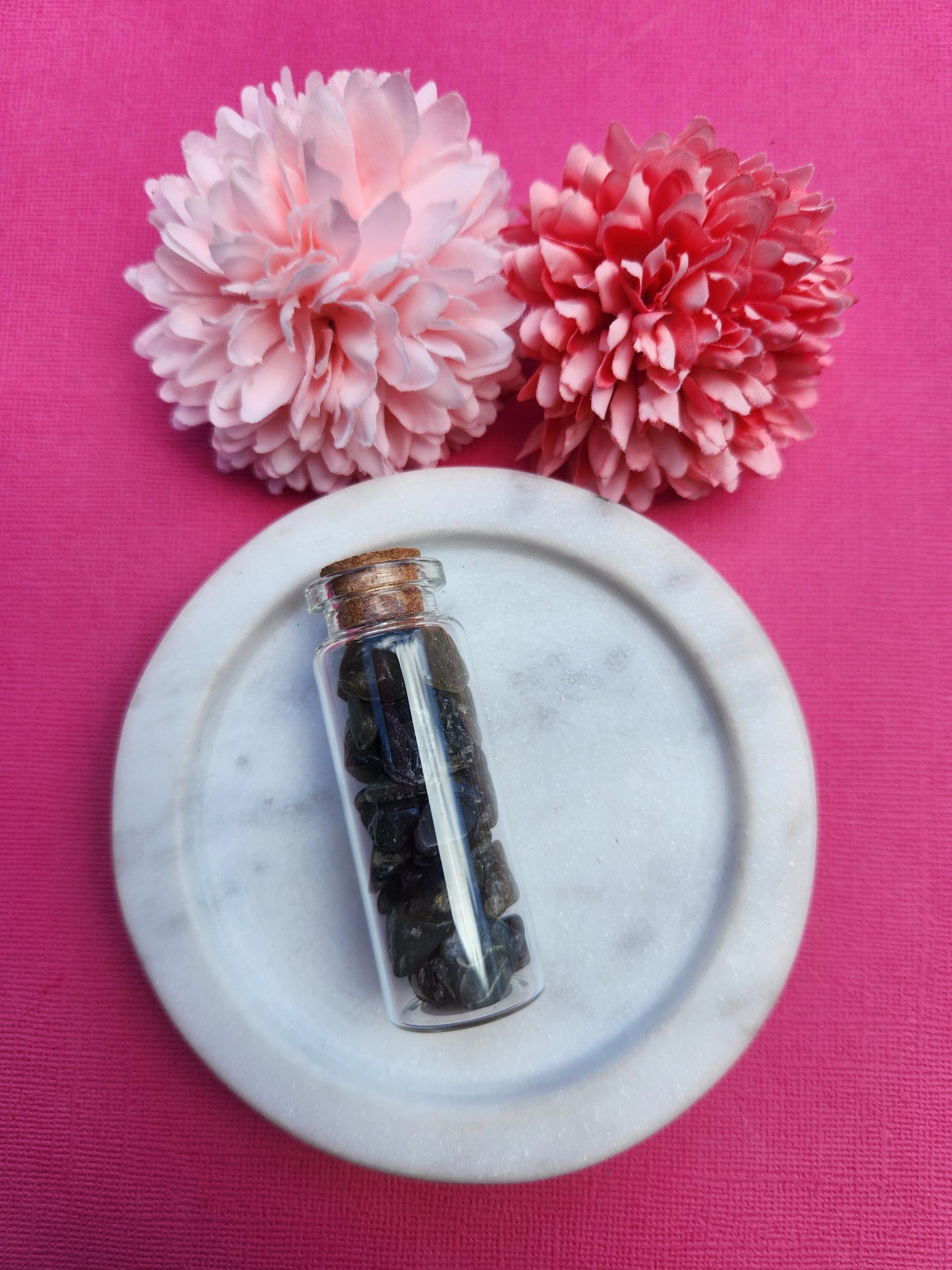 Labradorite crystal chip wish bottle filled with natural labradorite gemstone chips, mini glass bottle crystal for intuition protection and transformation, spiritual healing crystals, labradorite wish bottle for manifestation altar decor and gifting