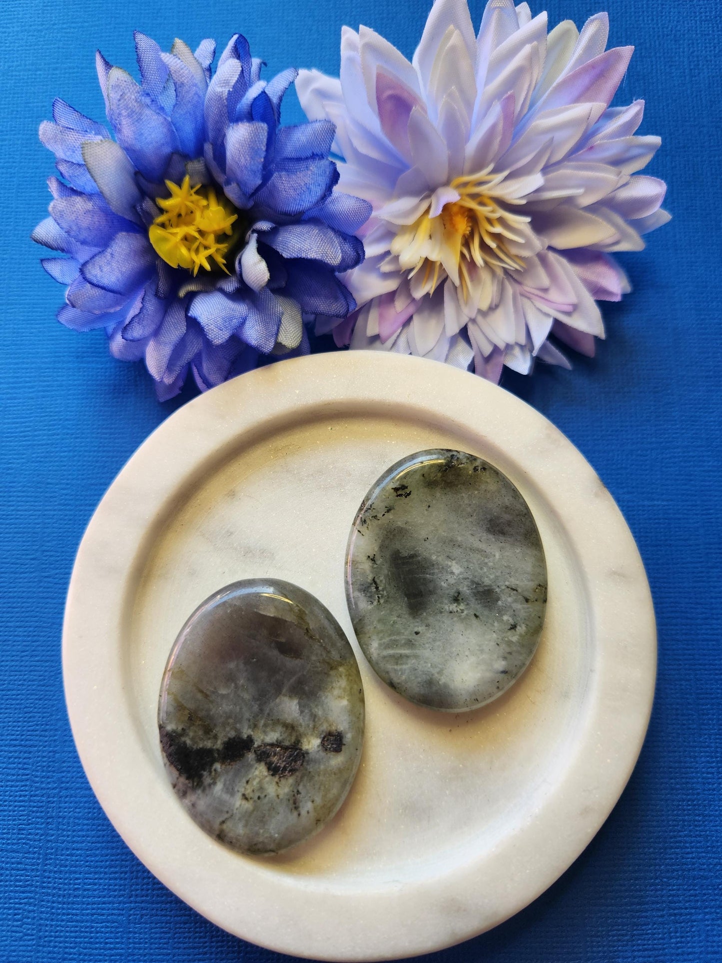 Two polished Labradorite worry stones in a white dish with dark and light blue flower props on a blue background – calming crystal for stress relief, intuition, and protection
