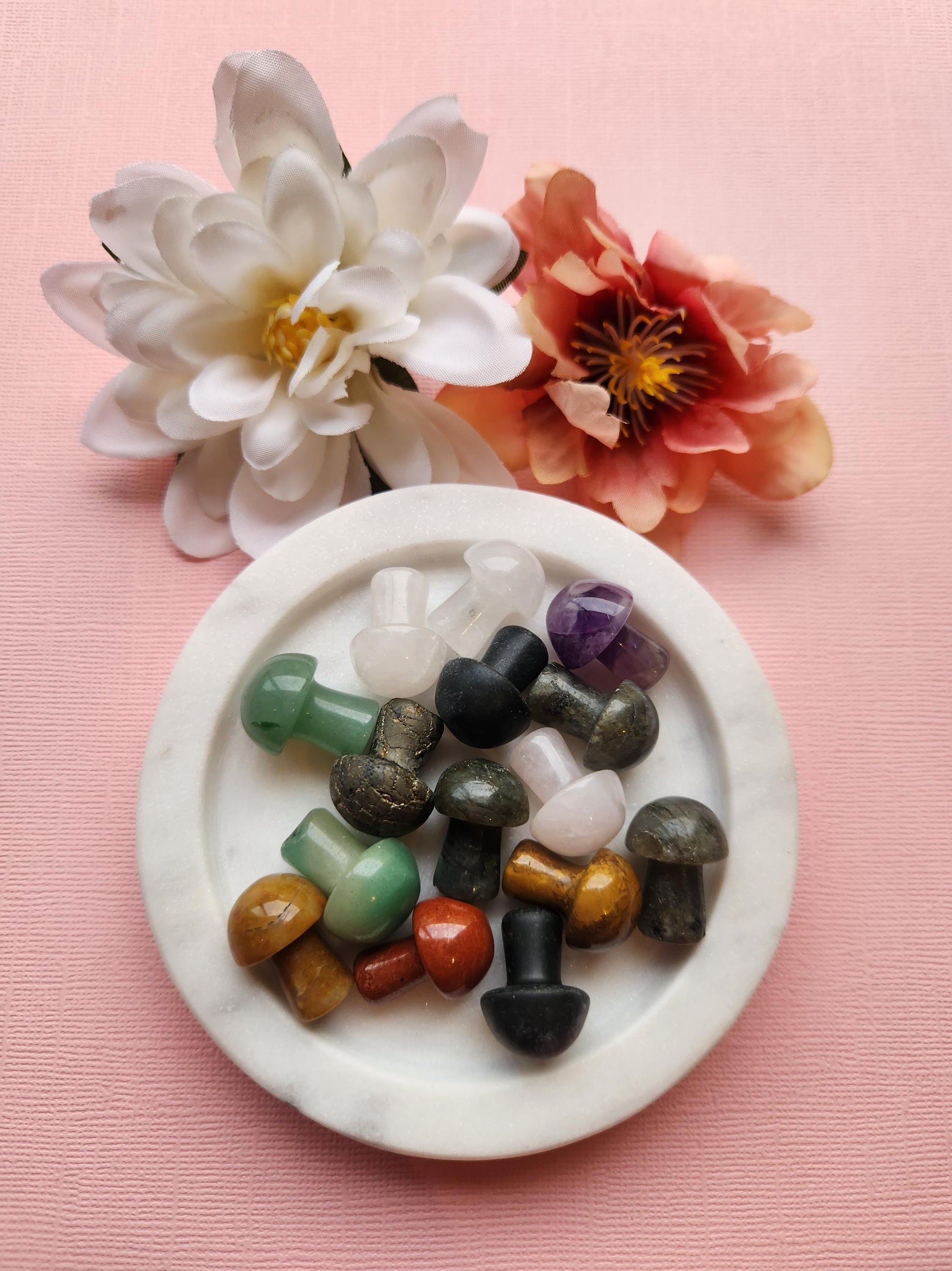 Mini mystery crystal mushrooms carved from natural gemstones, displayed on a soft pink background. Each tiny mushroom is a surprise, perfect as a collectible, pocket totem, or unique gift for crystal lovers and witchy decor enthusiasts. These small carved crystals bring positive energy, healing vibes, and charm to any space or crystal collection. Ideal for meditation, spiritual practice, and magical home accents.