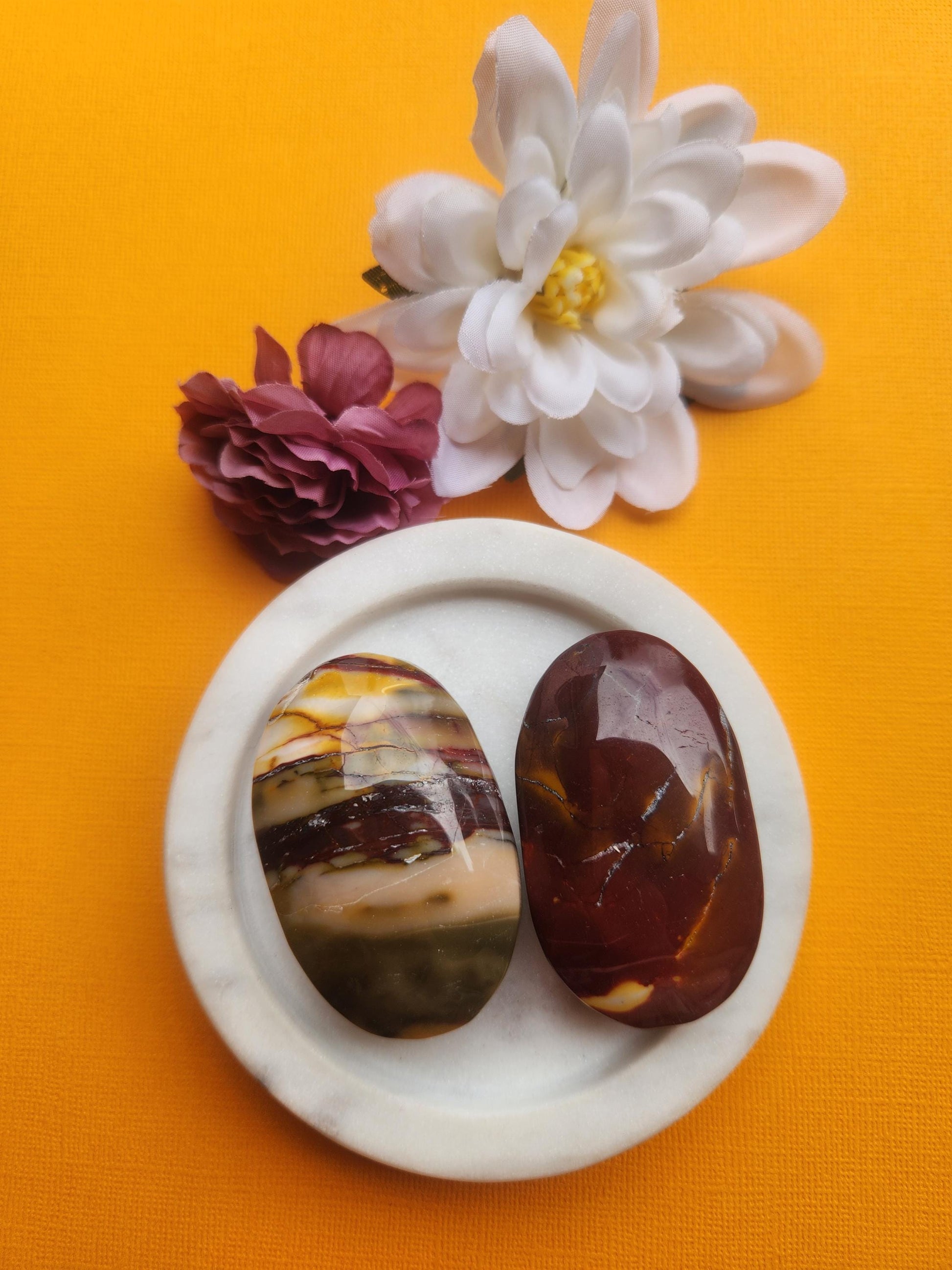Mookaite jasper palmstones featuring polished natural Australian mookaite crystal, healing gemstone palm stones known for grounding strength vitality and emotional balance, metaphysical crystals perfect for meditation stress relief gifting altar decor and crystal collections