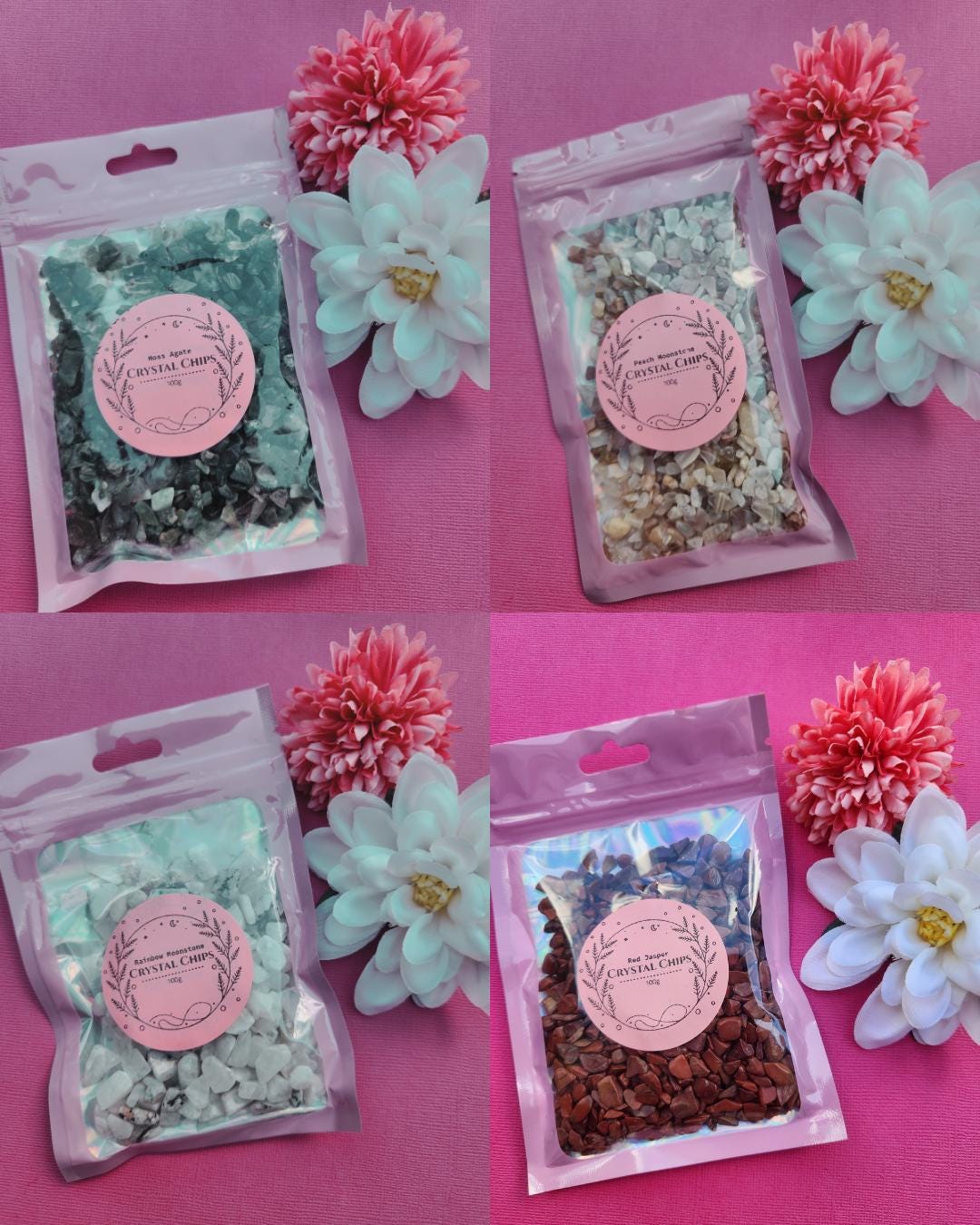 Collage photo of 100g crystal chip bags including Moss Agate, Peach Moonstone, Rainbow Moonstone and Red Jasper, natural gemstone chips for jewellery making and crafts, raw crystal chips for spell jars resin art and altar decor, grounding and nurturing healing crystals, mixed gemstone chip bags flat lay close up