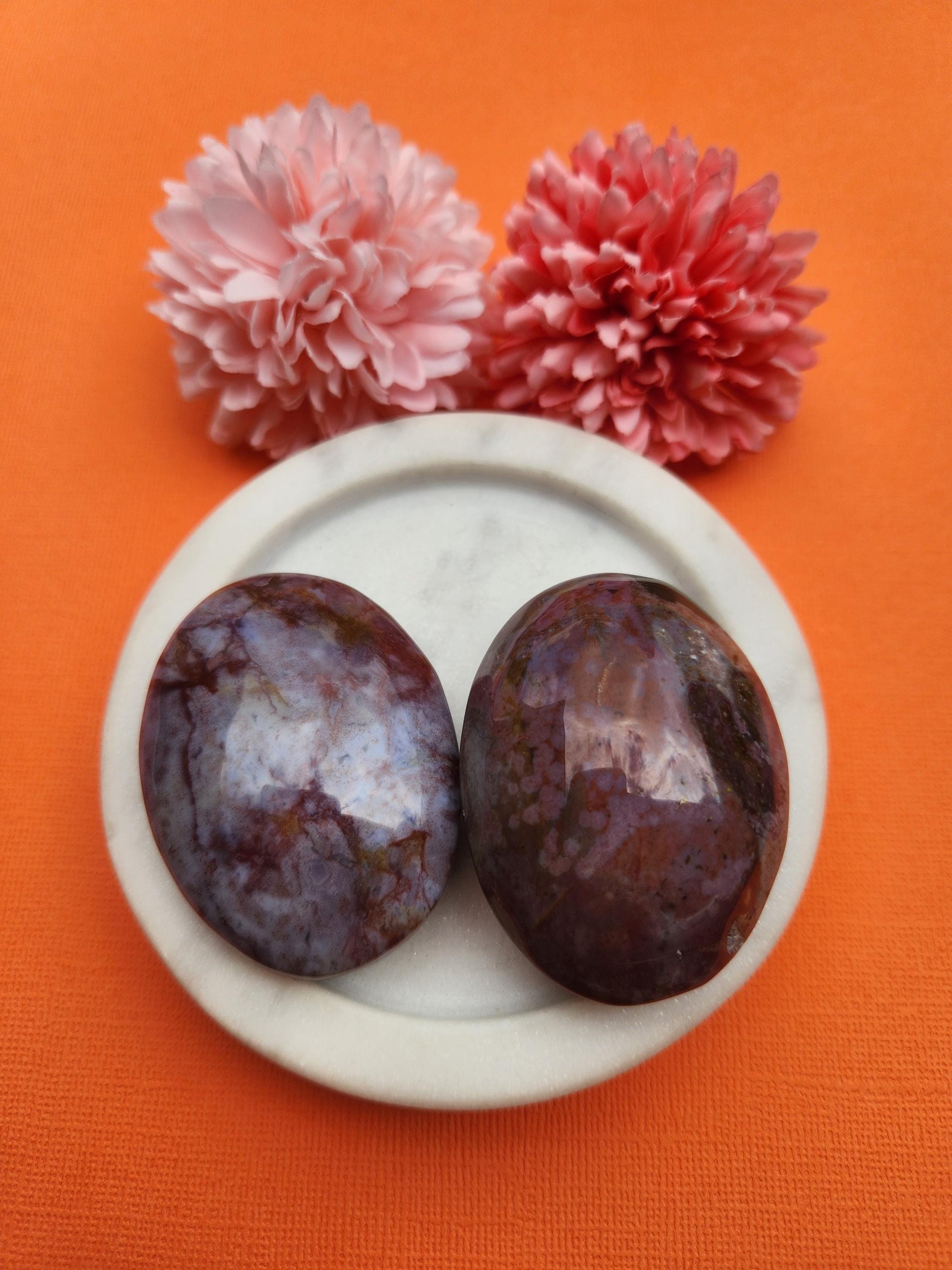 Ocean Jasper palmstones polished natural green multicolour crystal worry stones with orbicular patterns and ocean like swirls, high quality Ocean Jasper palm stone for joy emotional healing stress relief and heart chakra balance, smooth handheld crystal for meditation grounding anxiety relief and mindfulness practice, genuine Ocean Jasper gemstone from Madagascar with glossy finish and comforting weight, crystal palmstone for positivity nurturing energy and spiritual growth