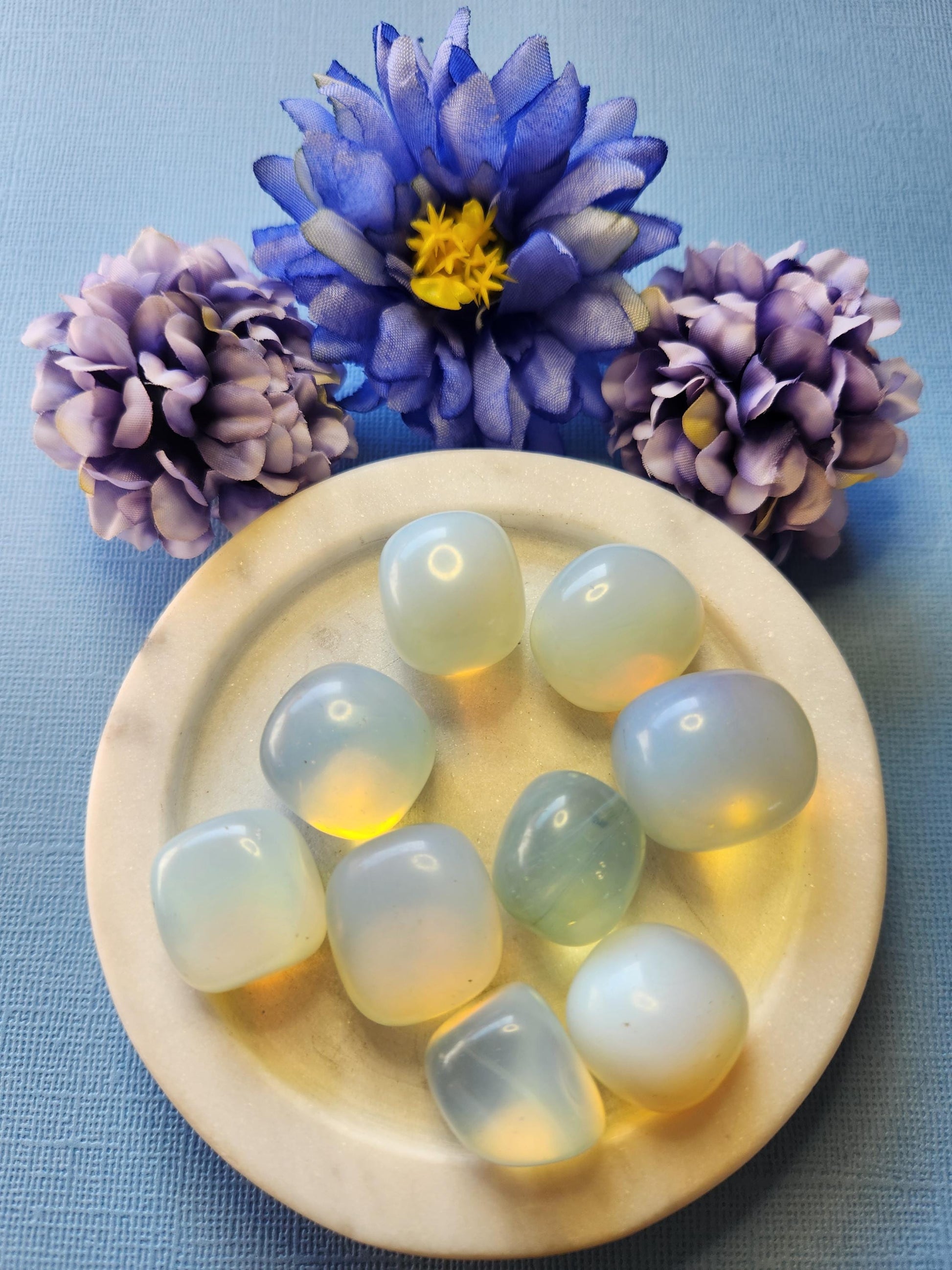 Opalite tumble stones in a white dish with three flower props on a blue background, polished iridescent man-made crystals for calm, clarity, and spiritual connection.