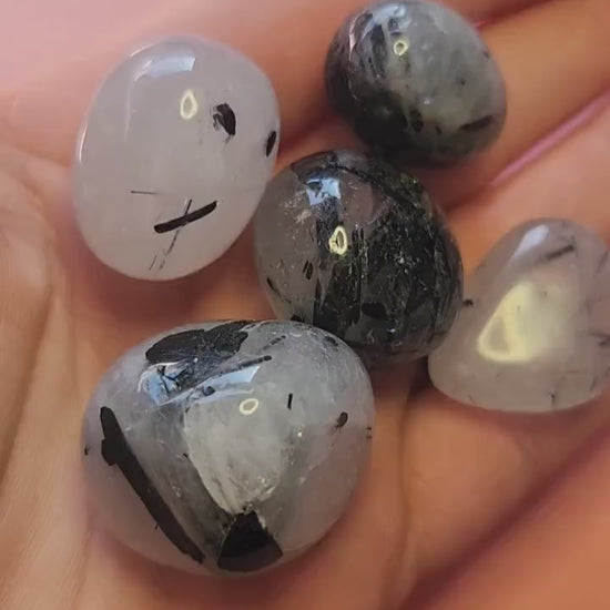 Video of polished Tourmaline in Quartz tumbles held in hand against a pink background, showing clear quartz with black tourmaline inclusions — protective and grounding crystal for clarity, focus, and energy balance.