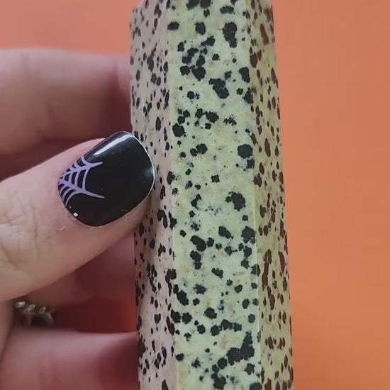 Close-up video of a polished Dalmatian Jasper crystal tower held in hand against an orange background, showcasing natural spotted jasper pattern, ideal for grounding, protection, courage, meditation, chakra balancing, manifestation, spiritual crystal collections, metaphysical décor, and high-vibration crystal healing practices