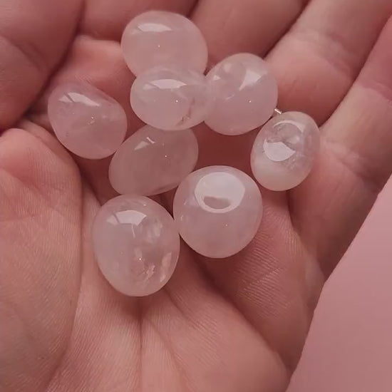 Video of a hand holding polished Rose Quartz tumbles against a light pink background, highlighting their soft pink color and smooth finish — ideal for love, emotional healing, and crystal energy work.