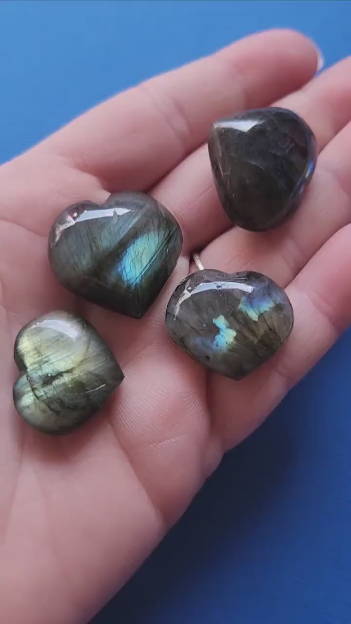 Close-up of polished Labradorite heart crystals with blue flashes, held against a blue backdrop. Natural Labradorite hearts ideal for meditation, aura protection, Chakra healing, energy work, Reiki, spiritual practice, pocket stones, and crystal collections. Perfect for crystal enthusiasts, intuitive guidance, and thoughtful gifts.