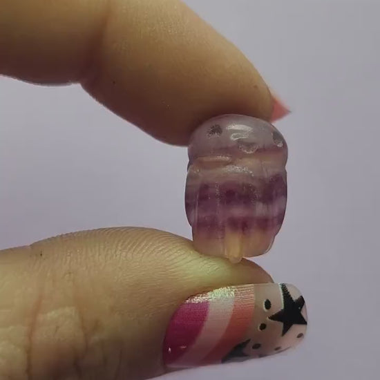 Smooth close-up video of a single fluorite mini octopus carving held between fingers, capturing the glossy polish and natural bands of purple, green and blue fluorite as it moves in the light. Clear focus on the carved tentacles and crystal details against a simple backdrop. Perfect for showcasing fluorite carvings, mini crystal animals and octopus gemstone collectibles