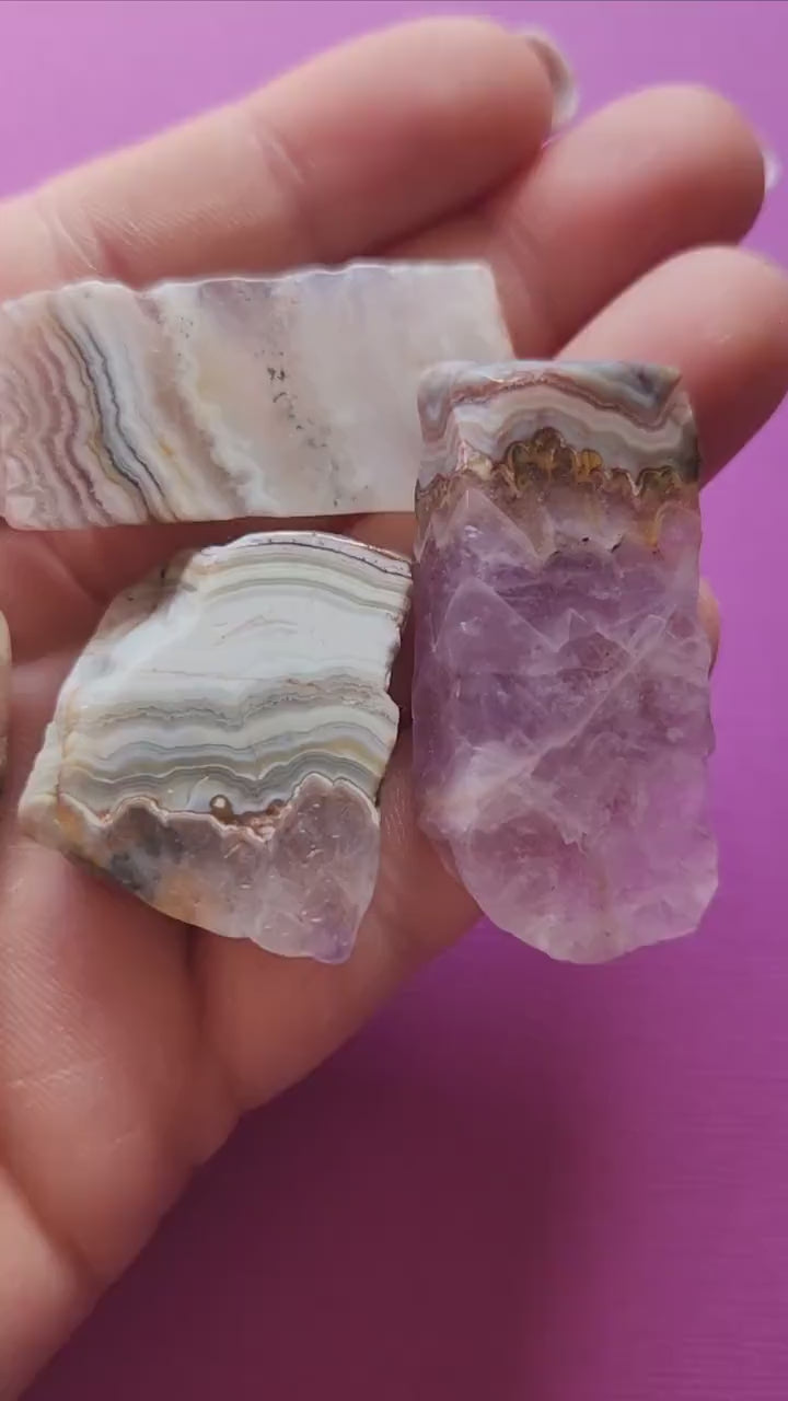 Video of hand holding raw Amethyst and Crazy Lace Agate crystal pieces against a purple background. The purple and patterned stones shimmer naturally. Perfect for spiritual healing, energy work, and crystal collecting