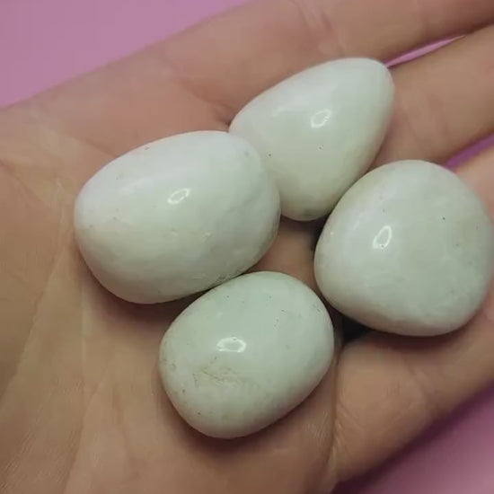 Close-up video of polished White Moonstone crystal tumbles held in hand against a pink background, showcasing natural moonstone shimmer and iridescence, ideal for intuition enhancement, emotional balance, feminine energy, calming energy, meditation, chakra healing, manifestation, spiritual crystal collections, and metaphysical décor