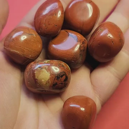 Video of a hand holding polished Red Jasper tumbles against a red background, highlighting their deep red color and smooth finish — ideal for grounding, stability, and crystal healing.