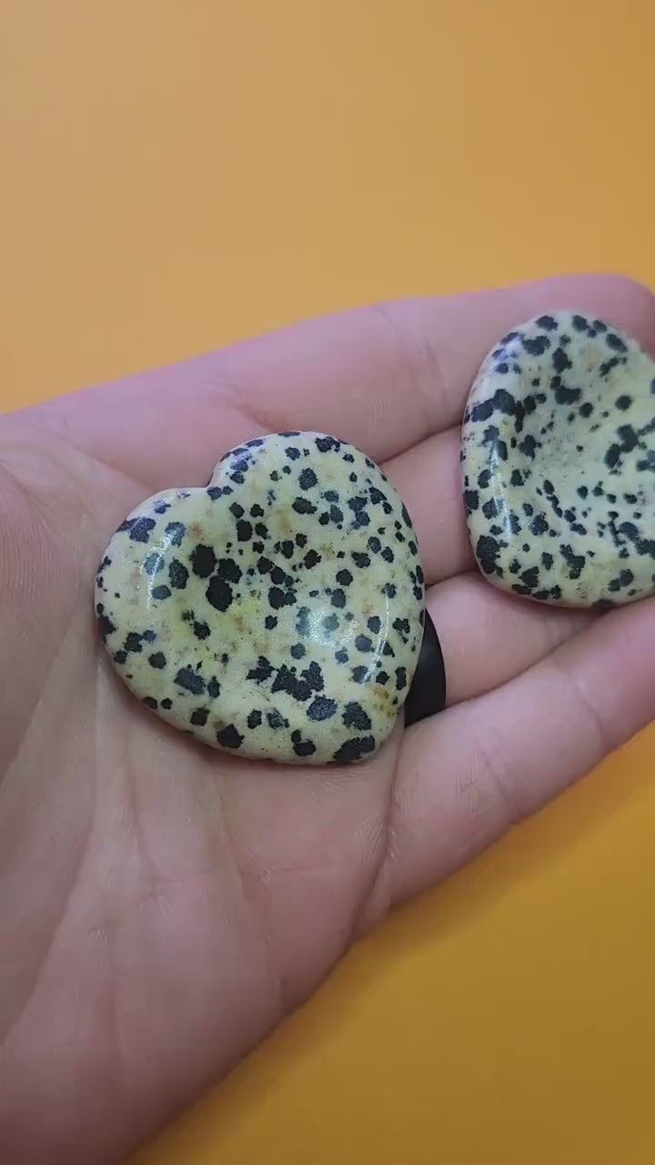 Showing two Dalmatian Jasper heart-shaped worry stones in my hand against a yellow background, close-up clip highlighting crystal texture, grounding energy and stress-relief properties.