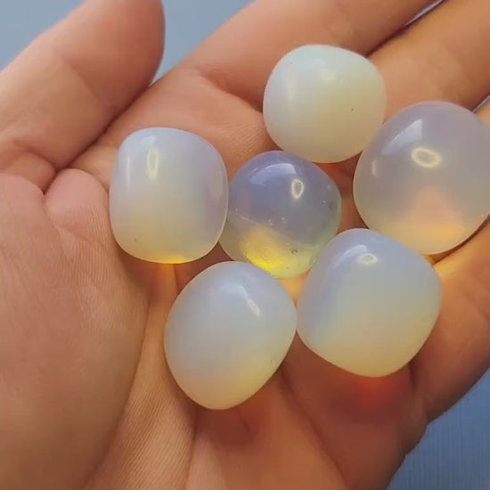 Video showing polished Opalite tumbles on a light blue background. Features smooth, translucent blue stones that catch the light. Perfect for crystal collectors, healing, meditation, and spiritual gifts