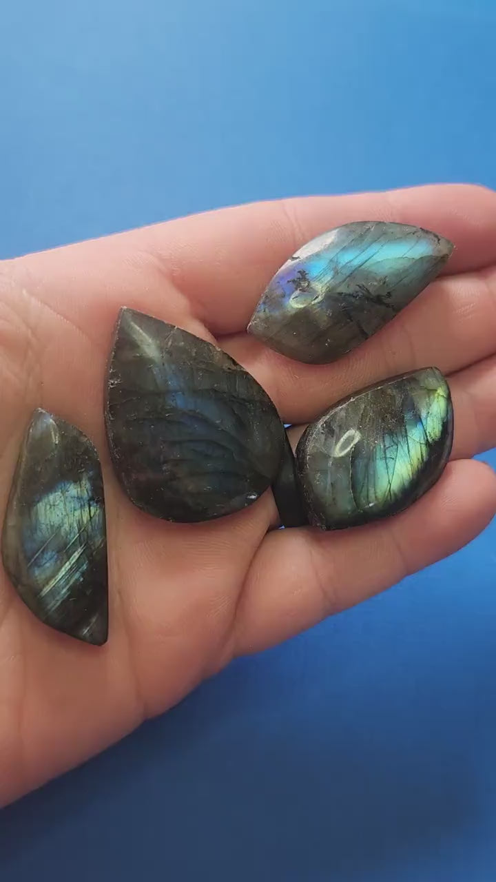 Hand holding labradorite leaf carvings against a blue background, flashing iridescent labradorite crystal leaves for intuition, protection, and energy healing, close-up product video