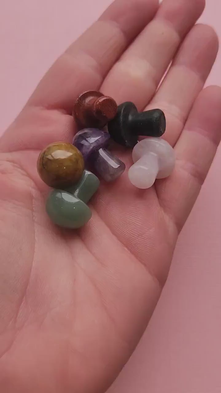 Close-up video of assorted mini mystery crystal mushrooms displayed against a light pink background. Each tiny gemstone carving is approximately 2cm tall, polished from natural crystals such as Amethyst, Rose Quartz, Fluorite, and more. Intuitively chosen crystals symbolizing growth, grounding, and transformation. Perfect for witchy décor, altar setups, crystal collections, or as thoughtful gifts for spiritual practitioners.