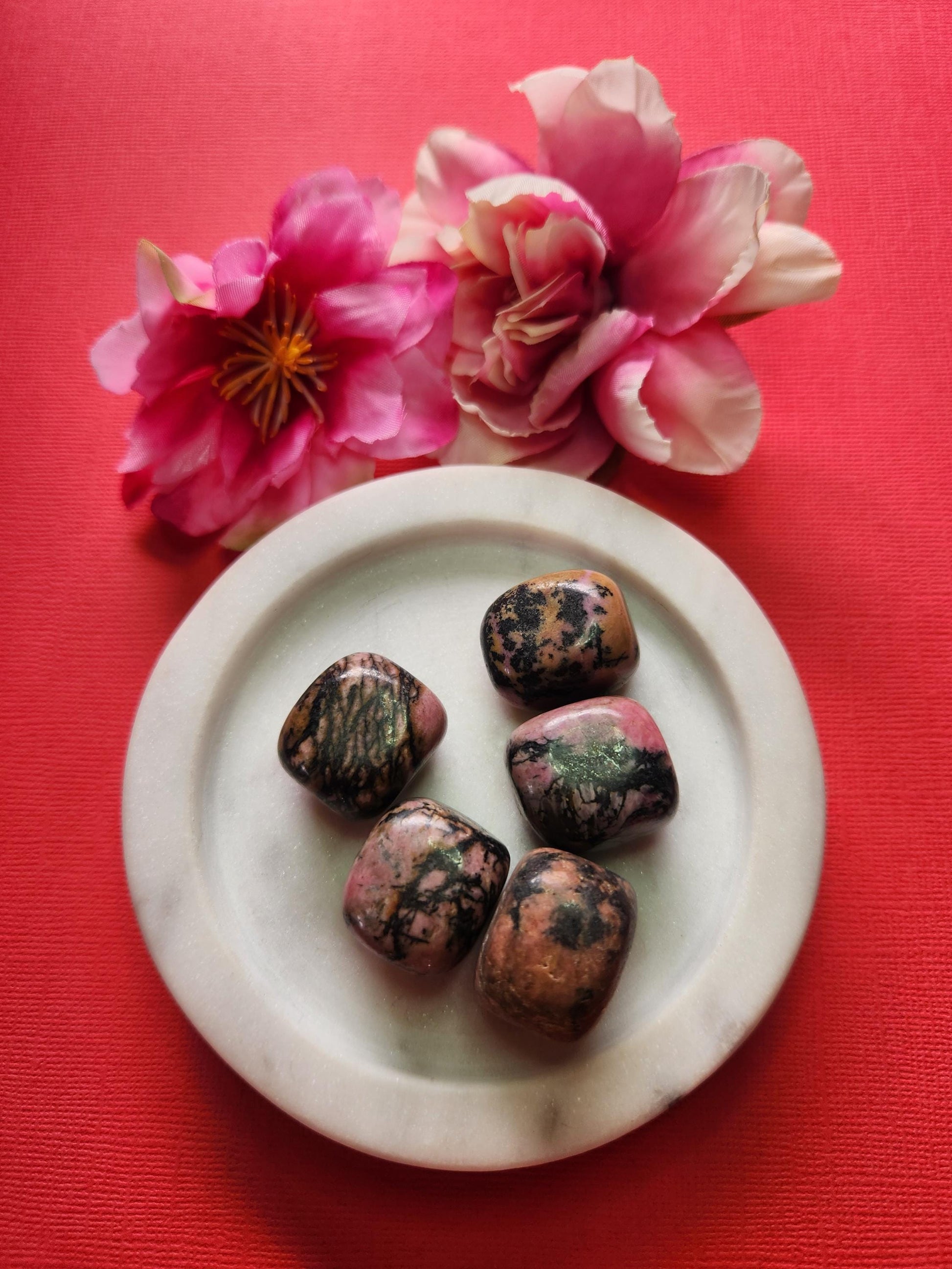 Rhodonite tumbles displayed on a bold red background, highlighting their natural pink tones with black veining and polished finish. These heart chakra crystals are known for emotional healing, promoting self-love, and calming anxious energy. The rich red backdrop enhances the warm, nurturing energy of the stones, making them perfect for spiritual practices, meditation, and thoughtful gifting.