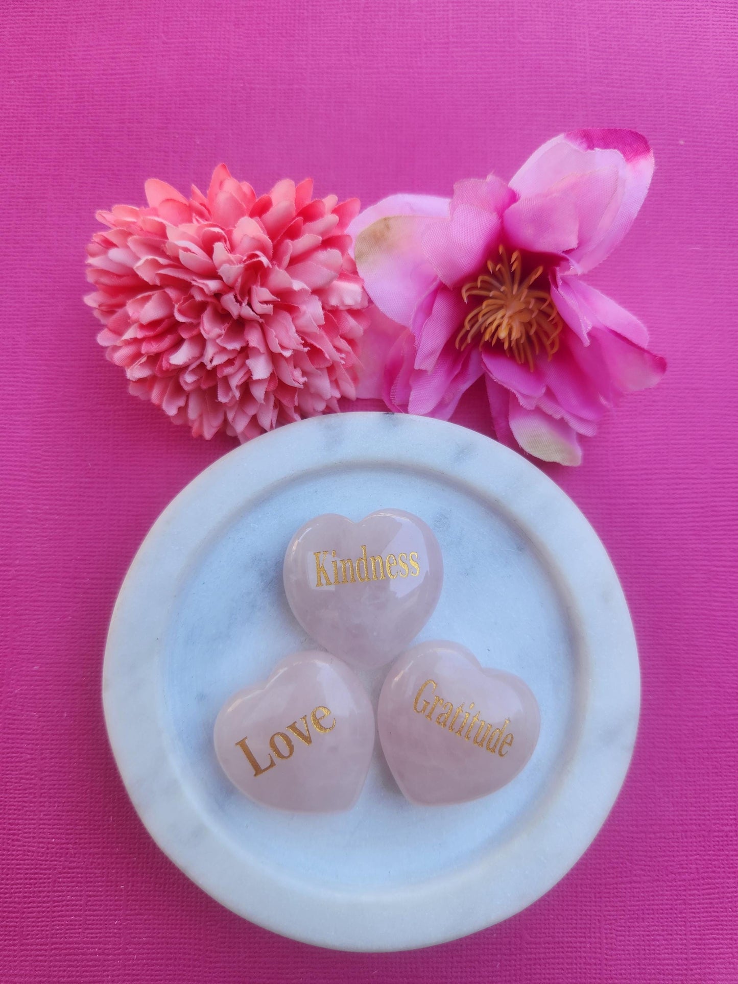 Rose Quartz affirmation crystal hearts engraved with Love Kindness and Gratitude words, polished pink Rose Quartz heart shaped gemstones for self love compassion positivity and emotional healing, natural Rose Quartz crystal hearts for heart chakra healing meditation mindfulness and daily affirmations, small engraved crystal hearts for pocket stones altar decor and spiritual gifts for crystal lovers Australia shop.