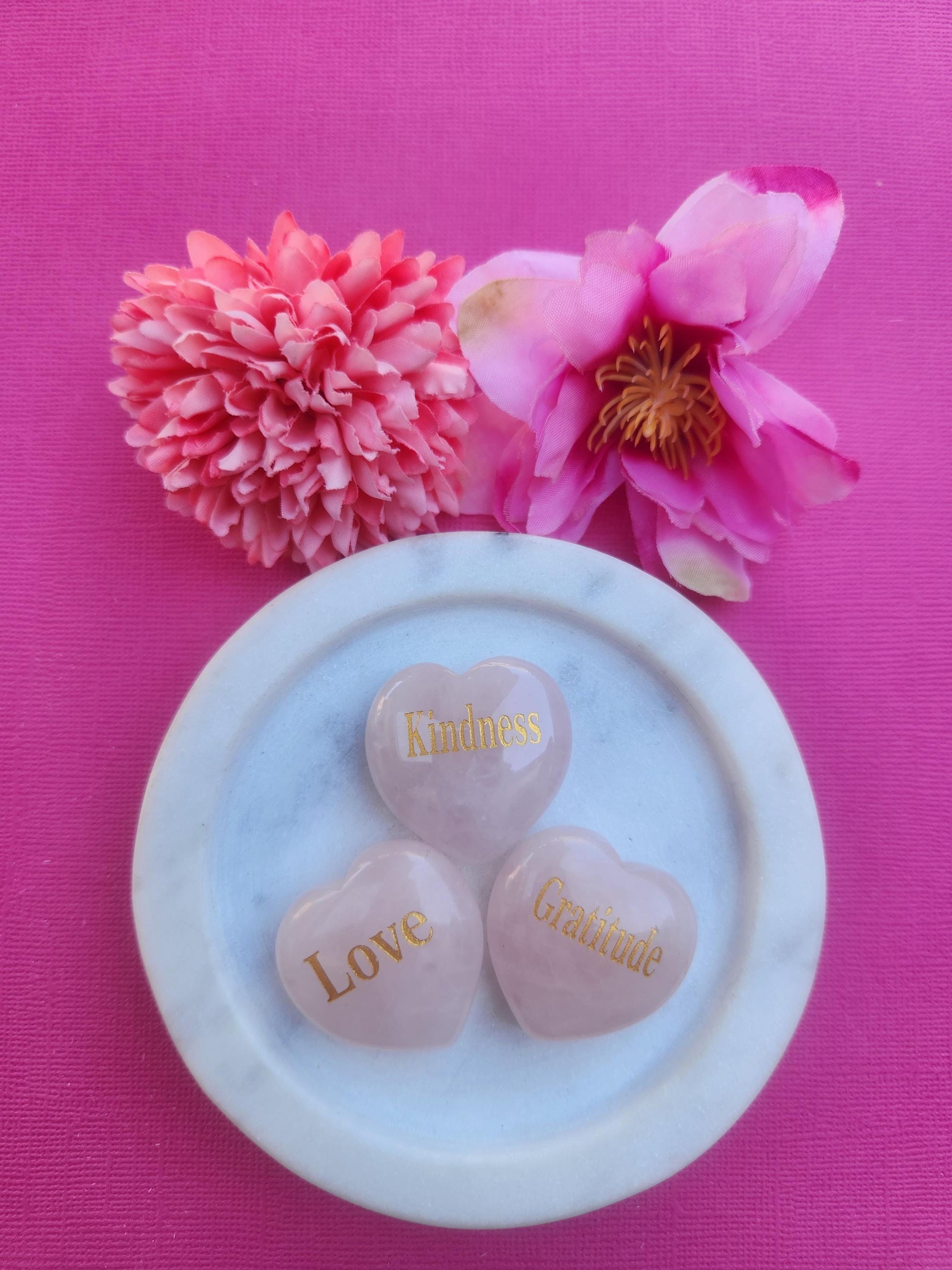 Rose Quartz affirmation crystal hearts engraved with Love Kindness and Gratitude words, polished pink Rose Quartz heart shaped gemstones for self love compassion positivity and emotional healing, natural Rose Quartz crystal hearts for heart chakra healing meditation mindfulness and daily affirmations, small engraved crystal hearts for pocket stones altar decor and spiritual gifts for crystal lovers Australia shop.