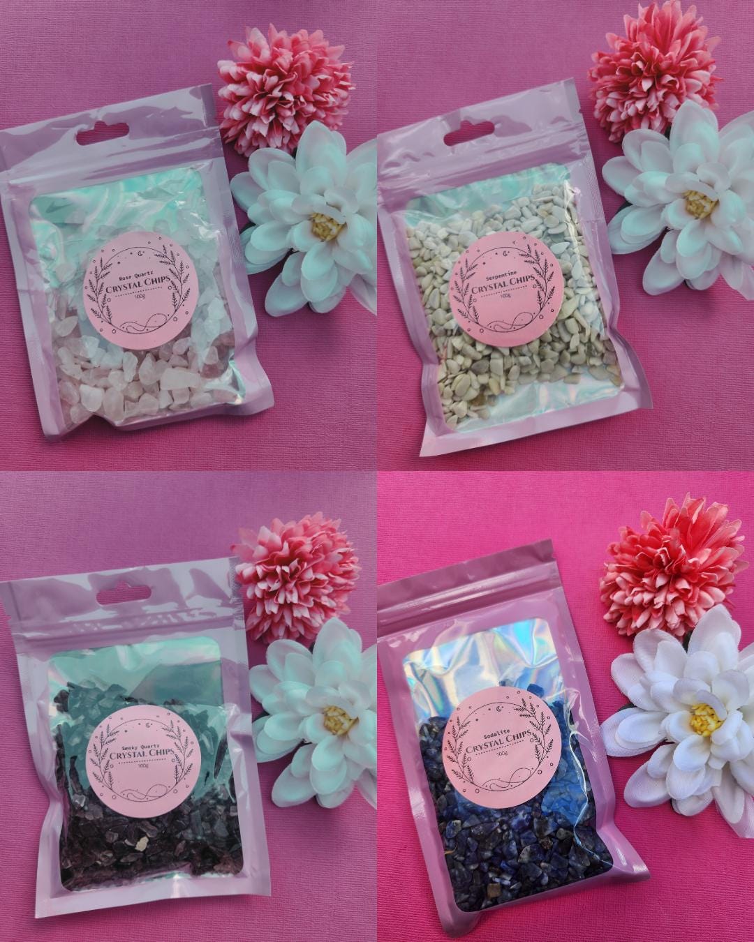 Collage image of 100g crystal chip bags featuring Rose Quartz, Serpentine, Smoky Quartz and Sodalite, natural gemstone chips for crafting and jewellery making, raw crystal chips for resin art and crystal grids, healing crystals for love grounding clarity and emotional balance, mixed gemstone chip bags photographed together