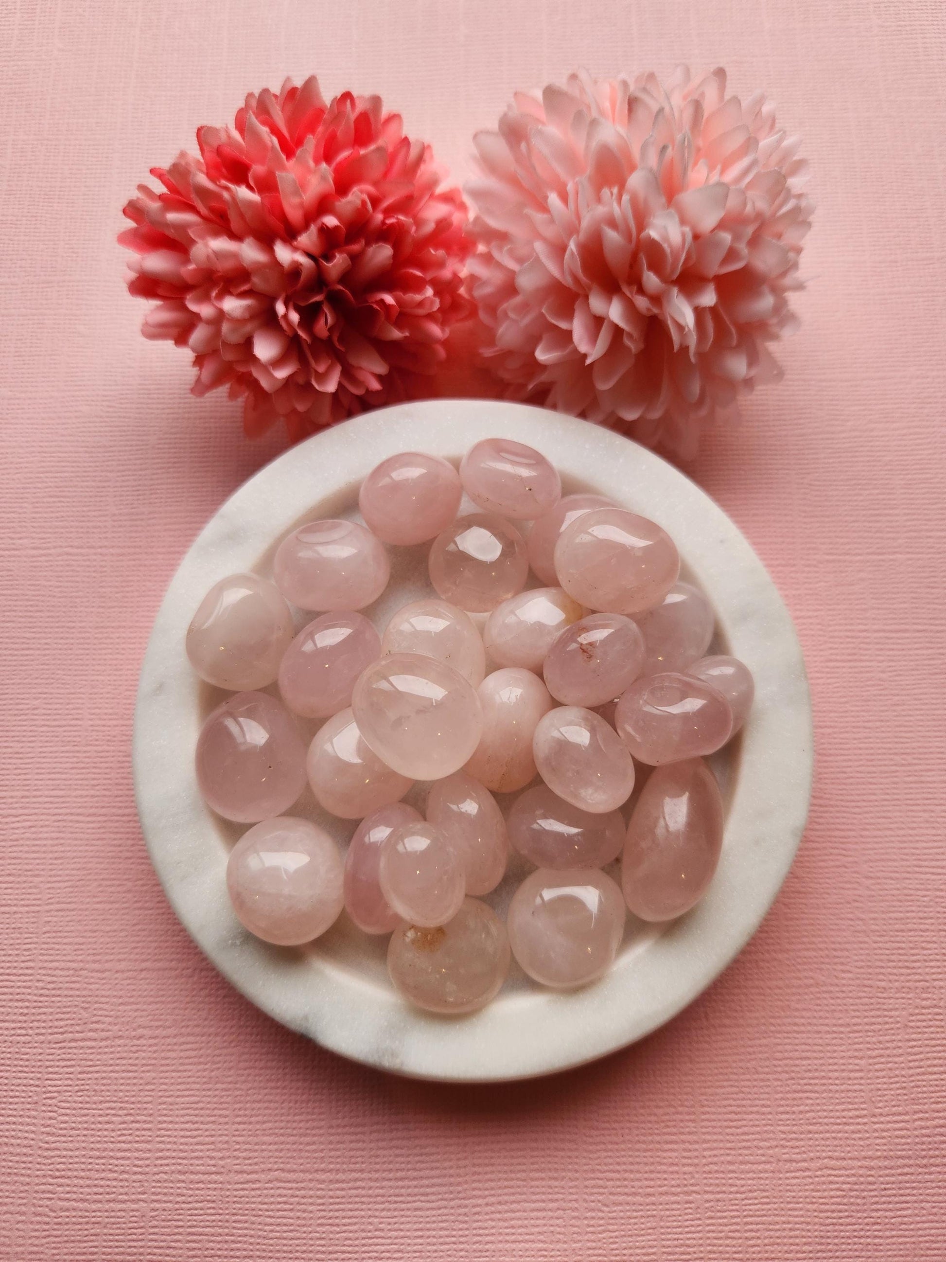Rose Quartz tumbles displayed on a soft pastel pink background, highlighting their gentle pink hue and smooth, polished finish. These self-love crystals are known for promoting emotional healing, compassion, and heart chakra balance. The pastel backdrop enhances the calming and nurturing energy of the stones, making them ideal for meditation, gifting, or crystal healing collections.